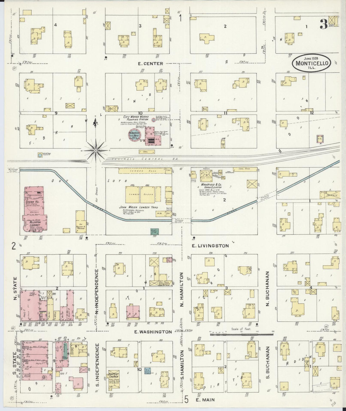 Sanborn Fire Insurance Map from Monticello, Piatt County, Illinois (1909), Sheet #0003 - Historic Sanborn Fire Insurance Map Print, vintage old map wall art, antique decor, genealogy gift, Illinois Illinois map