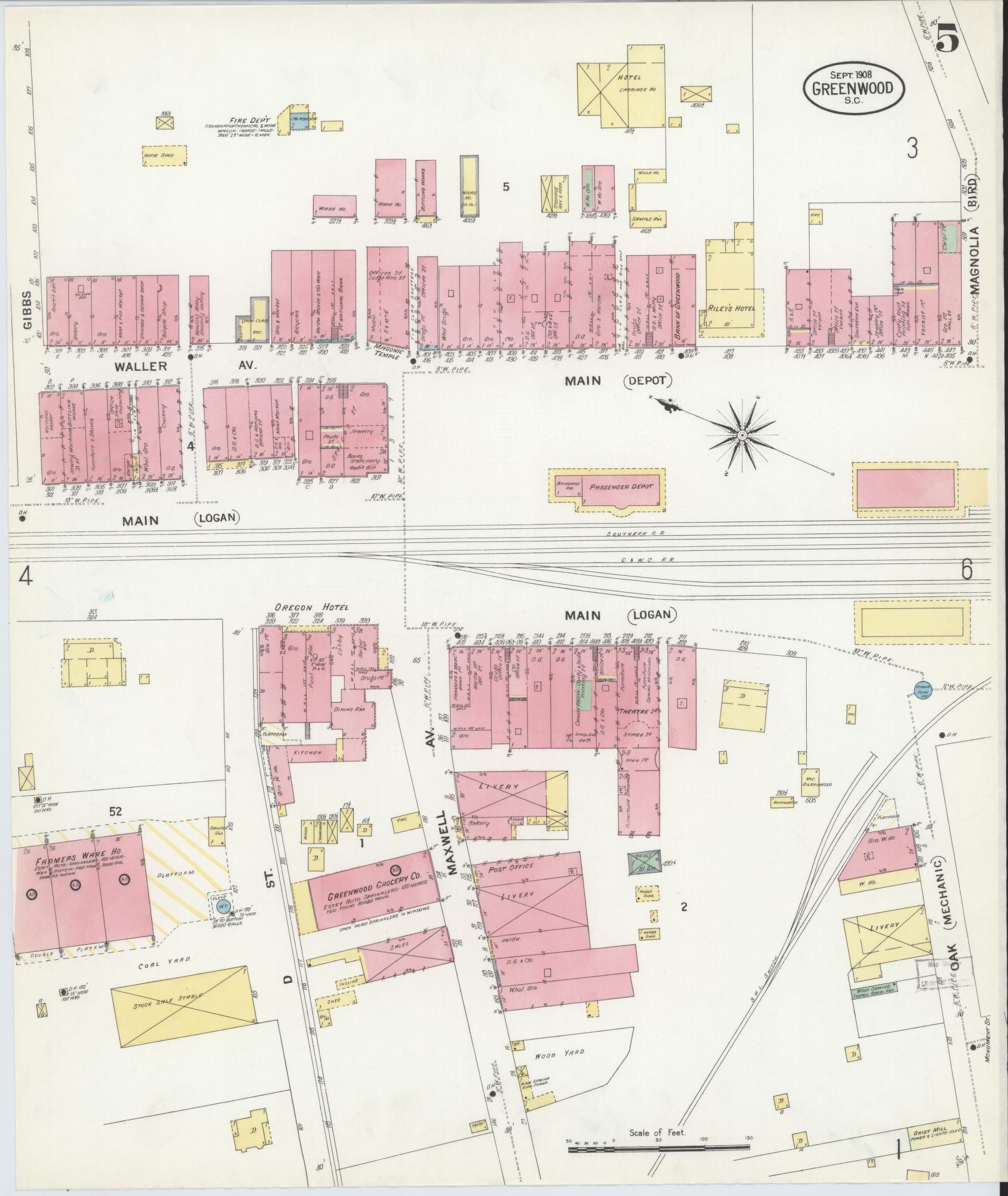 Sanborn Fire Insurance Map from Greenwood, Greenwood County, South Carolina (1908), Sheet #0005 - Historic Sanborn Fire Insurance Map Print, vintage old map wall art, antique decor, genealogy gift, South Carolina South Carolina map