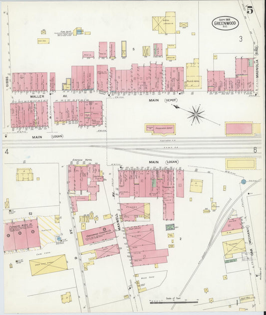 Sanborn Fire Insurance Map from Greenwood, Greenwood County, South Carolina (1908), Sheet #0005 - Historic Sanborn Fire Insurance Map Print, vintage old map wall art, antique decor, genealogy gift, South Carolina South Carolina map