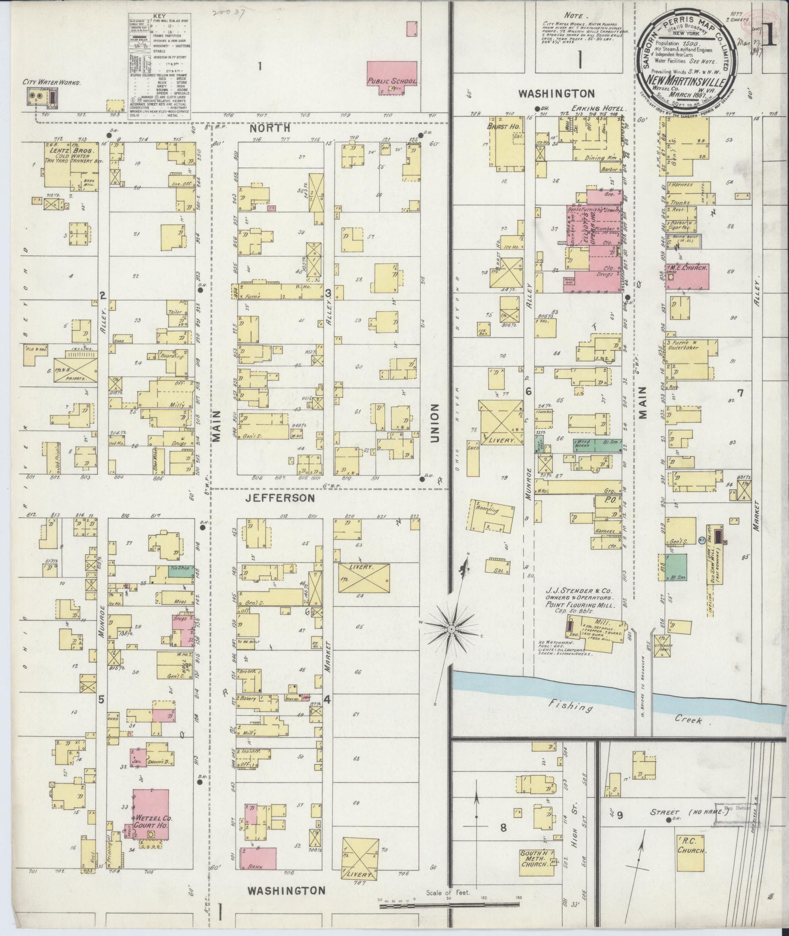 Sanborn Fire Insurance Map from New Martinsville, Wetzel County, West Virginia (1897), Sheet #0001 - Complete Map Set gallery image, historic Sanborn map, vintage wall art, West Virginia West Virginia