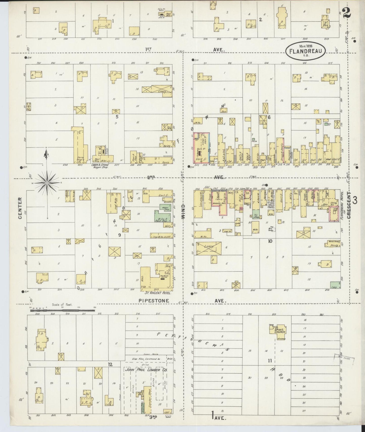 Sanborn Fire Insurance Map from Flandreau, Moody County, South Dakota (1898), Sheet #0002 - Complete Map Set gallery image, historic Sanborn map, vintage wall art, South Dakota South Dakota
