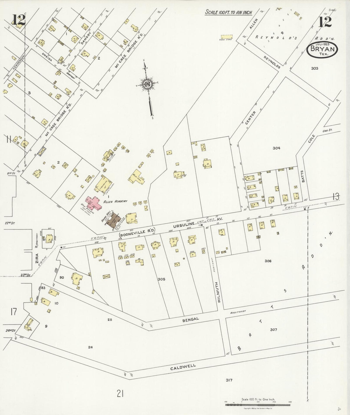Sanborn Fire Insurance Map from Bryan, Brazos County, Texas (1925), Sheet #0012 - Historic Sanborn Fire Insurance Map Print, vintage old map wall art, antique decor, genealogy gift, Texas Texas map