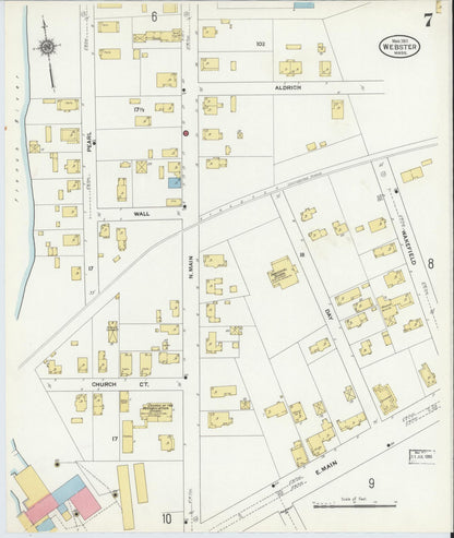 Sanborn Fire Insurance Map from Webster, Worcester County, Massachusetts (1911), Sheet #0007 - Historic Sanborn Fire Insurance Map Print, vintage old map wall art, antique decor, genealogy gift, Massachusetts Massachusetts map