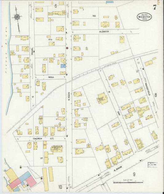 Sanborn Fire Insurance Map from Webster, Worcester County, Massachusetts (1911), Sheet #0007 - Historic Sanborn Fire Insurance Map Print, vintage old map wall art, antique decor, genealogy gift, Massachusetts Massachusetts map