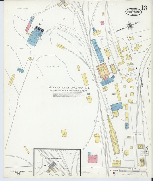 Sanborn Fire Insurance Map from Ishpeming, Marquette County, Michigan (1917), Sheet #0013 - Historic Sanborn Fire Insurance Map Print, vintage old map wall art, antique decor, genealogy gift, Michigan Michigan map