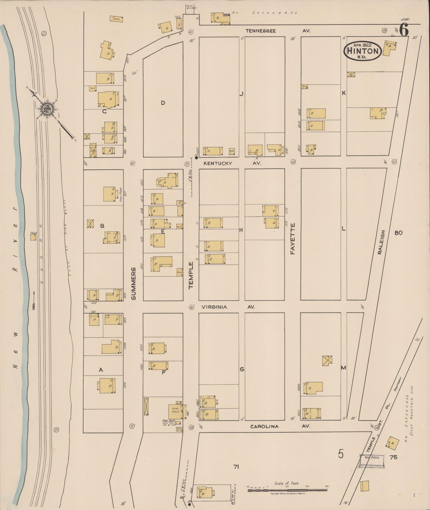 Sanborn Fire Insurance Map from Hinton, Summer County, West Virginia (1922), Sheet #0006 - Historic Sanborn Fire Insurance Map Print, vintage old map wall art, antique decor, genealogy gift, West Virginia West Virginia map