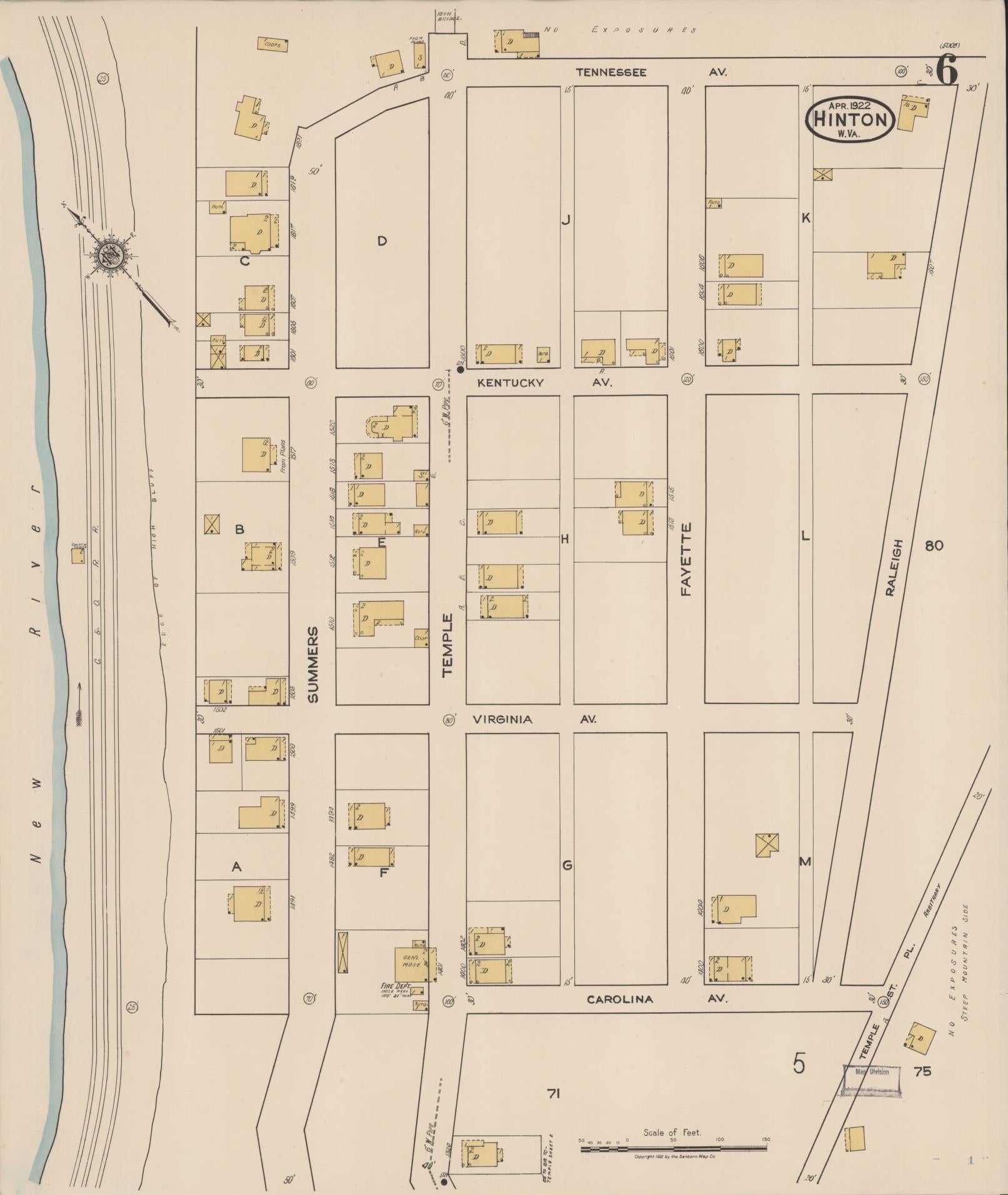 Sanborn Fire Insurance Map from Hinton, Summer County, West Virginia (1922), Sheet #0006 - Historic Sanborn Fire Insurance Map Print, vintage old map wall art, antique decor, genealogy gift, West Virginia West Virginia map