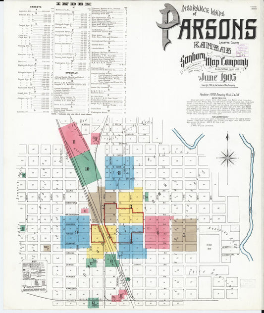 Sanborn Fire Insurance Map from Parsons, Labette County, Kansas (1905), Sheet #0001 - Historic Sanborn Fire Insurance Map Print, vintage old map wall art, antique decor, genealogy gift, Kansas Kansas map