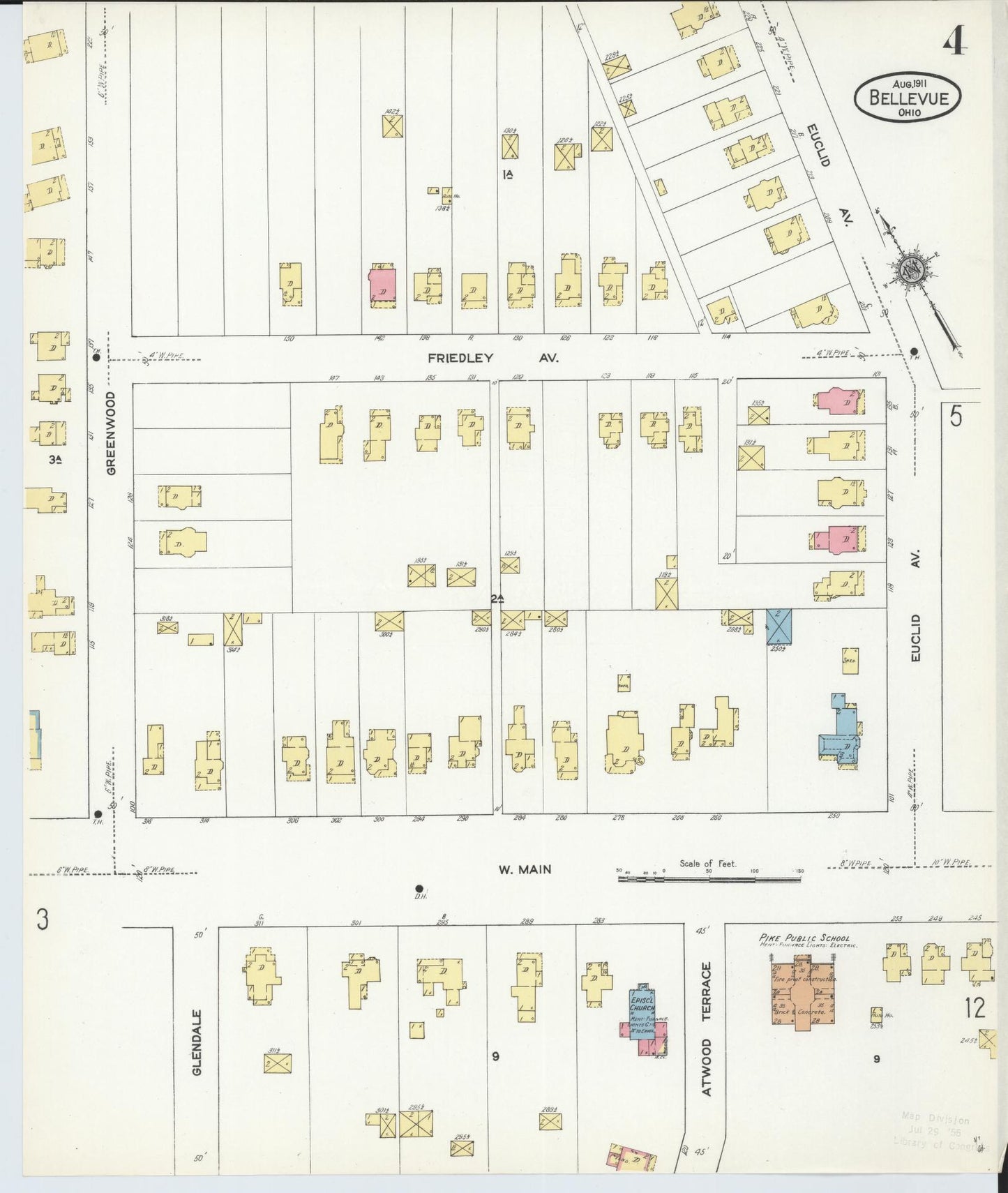Sanborn Fire Insurance Map from Bellevue, Huron And Sandusky County, Ohio (1911), Sheet #0004 - Historic Sanborn Fire Insurance Map Print, vintage old map wall art, antique decor, genealogy gift, Ohio Ohio map