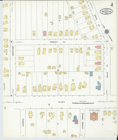Sanborn Fire Insurance Map from Bellevue, Huron And Sandusky County, Ohio (1911), Sheet #0004 - Historic Sanborn Fire Insurance Map Print, vintage old map wall art, antique decor, genealogy gift, Ohio Ohio map