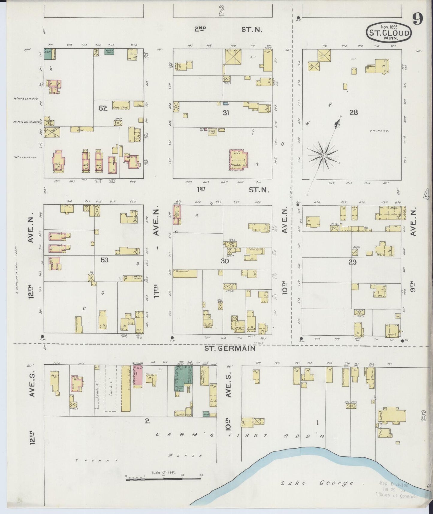 Sanborn Fire Insurance Map from Saint Cloud, Stearns, Benton, and Sherburne Counties, Minnesota (1893), Sheet #0009 - Complete Map Set gallery image, historic Sanborn map, vintage wall art, Minnesota Minnesota