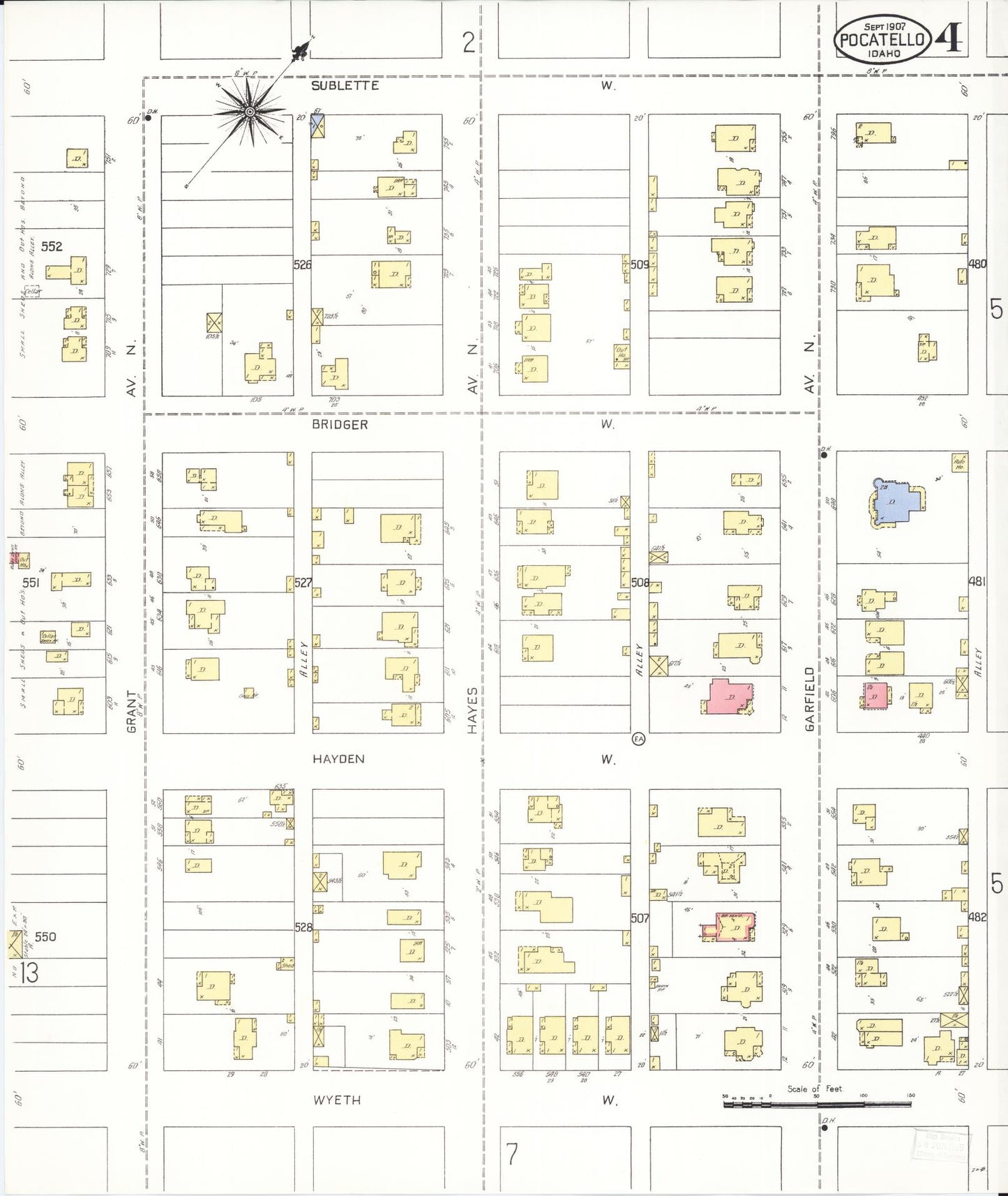 Sanborn Fire Insurance Map from Pocatello, Bannock County, Idaho (1907), Sheet #0004 - Complete Map Set gallery image, historic Sanborn map, vintage wall art, Idaho Idaho