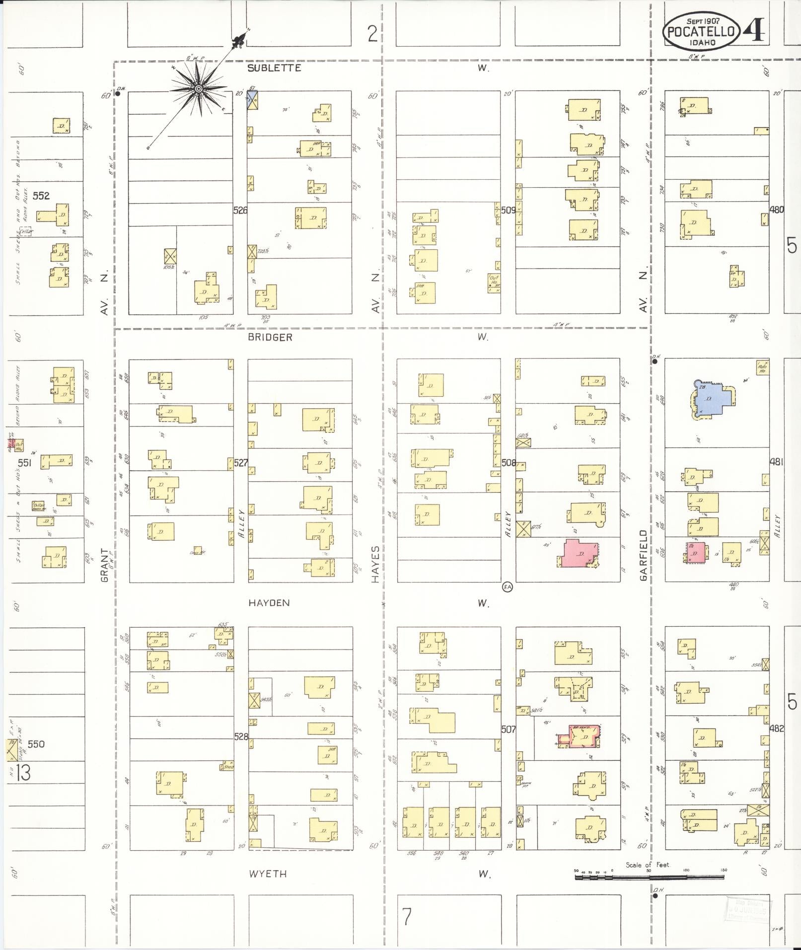Sanborn Fire Insurance Map from Pocatello, Bannock County, Idaho (1907), Sheet #0004 - Complete Map Set gallery image, historic Sanborn map, vintage wall art, Idaho Idaho