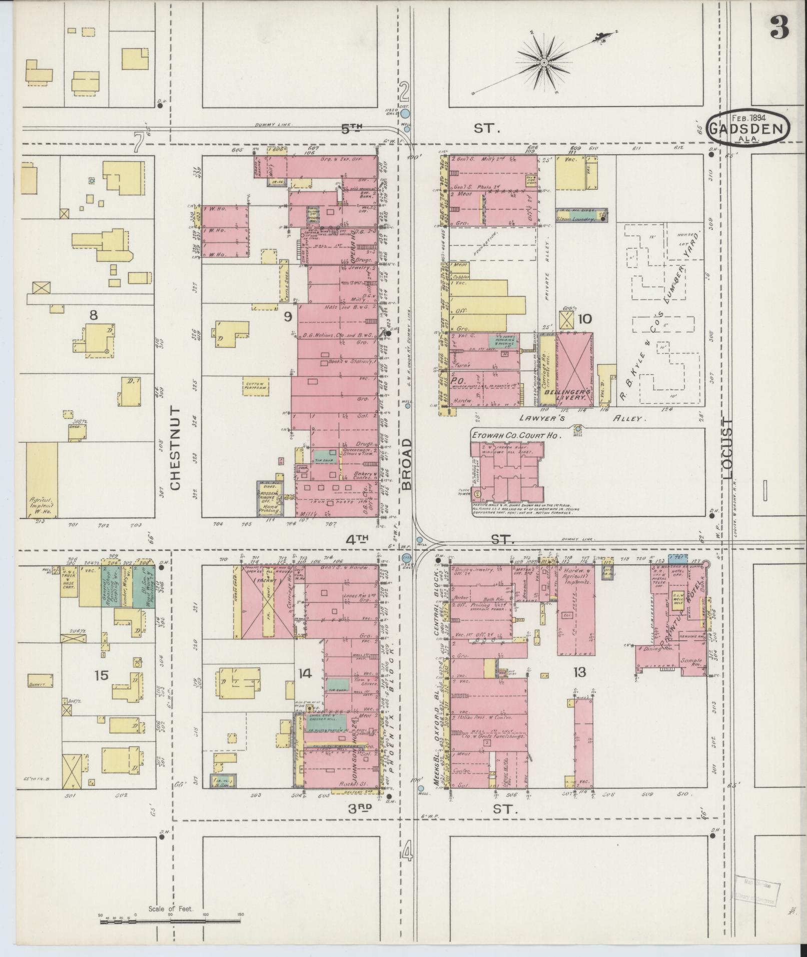 Sanborn Fire Insurance Map from Gadsden, Etowah County, Alabama (1894), Sheet #0003 - Complete Map Set gallery image, historic Sanborn map, vintage wall art, Alabama Alabama