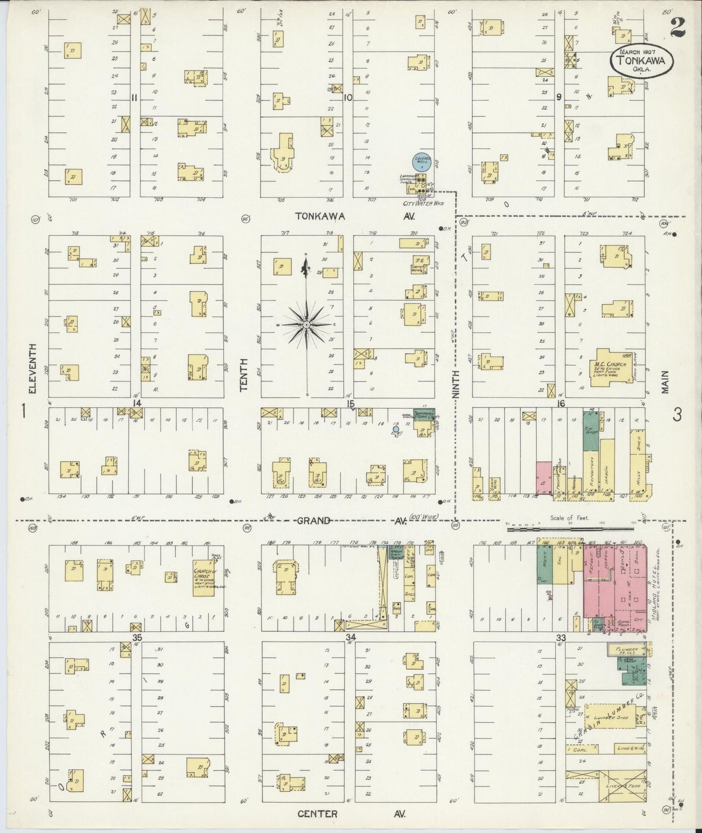 Sanborn Fire Insurance Map from Tonkawa, Kay County, Oklahoma (1907), Sheet #0002 - Complete Map Set gallery image, historic Sanborn map, vintage wall art, Oklahoma Oklahoma