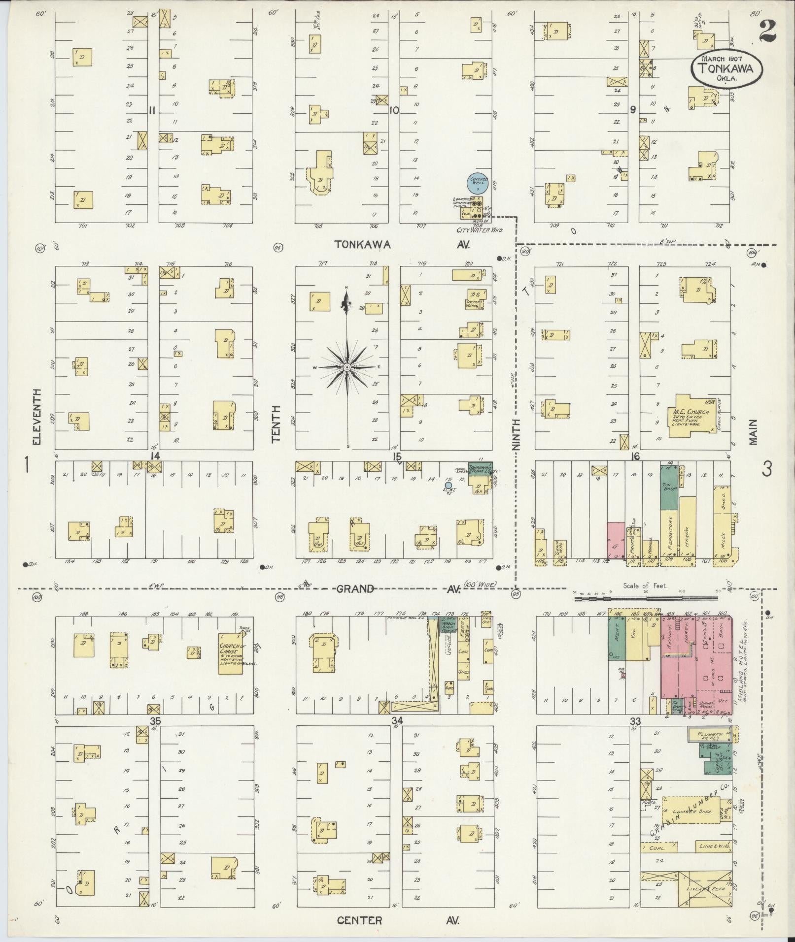 Sanborn Fire Insurance Map from Tonkawa, Kay County, Oklahoma (1907), Sheet #0002 - Complete Map Set gallery image, historic Sanborn map, vintage wall art, Oklahoma Oklahoma