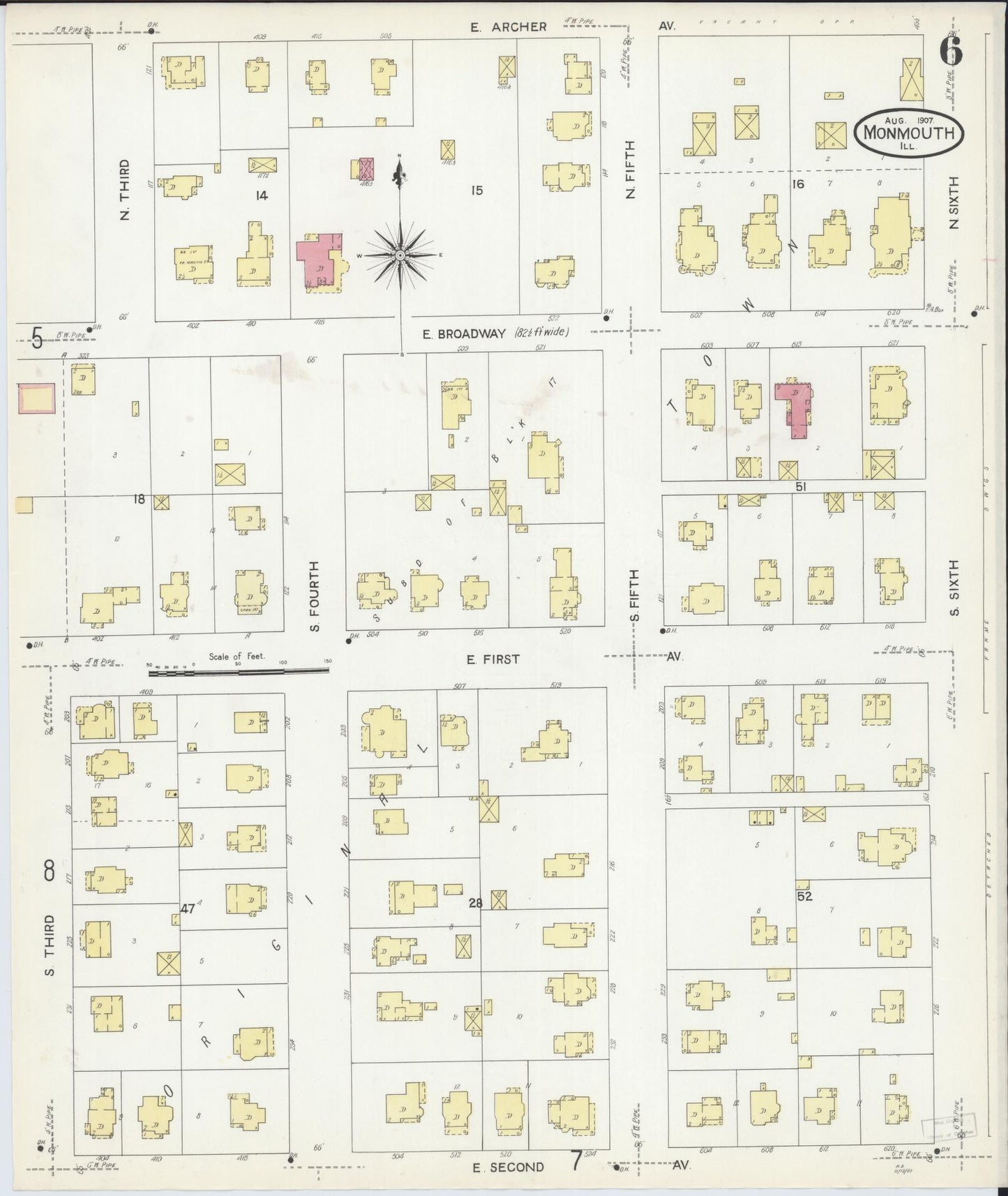 Sanborn Fire Insurance Map from Monmouth, Warren County, Illinois (1907), Sheet #0006 - Historic Sanborn Fire Insurance Map Print, vintage old map wall art, antique decor, genealogy gift, Illinois Illinois map