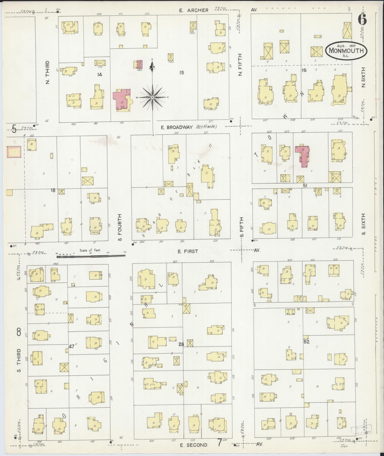 Sanborn Fire Insurance Map from Monmouth, Warren County, Illinois (1907), Sheet #0006 - Historic Sanborn Fire Insurance Map Print, vintage old map wall art, antique decor, genealogy gift, Illinois Illinois map
