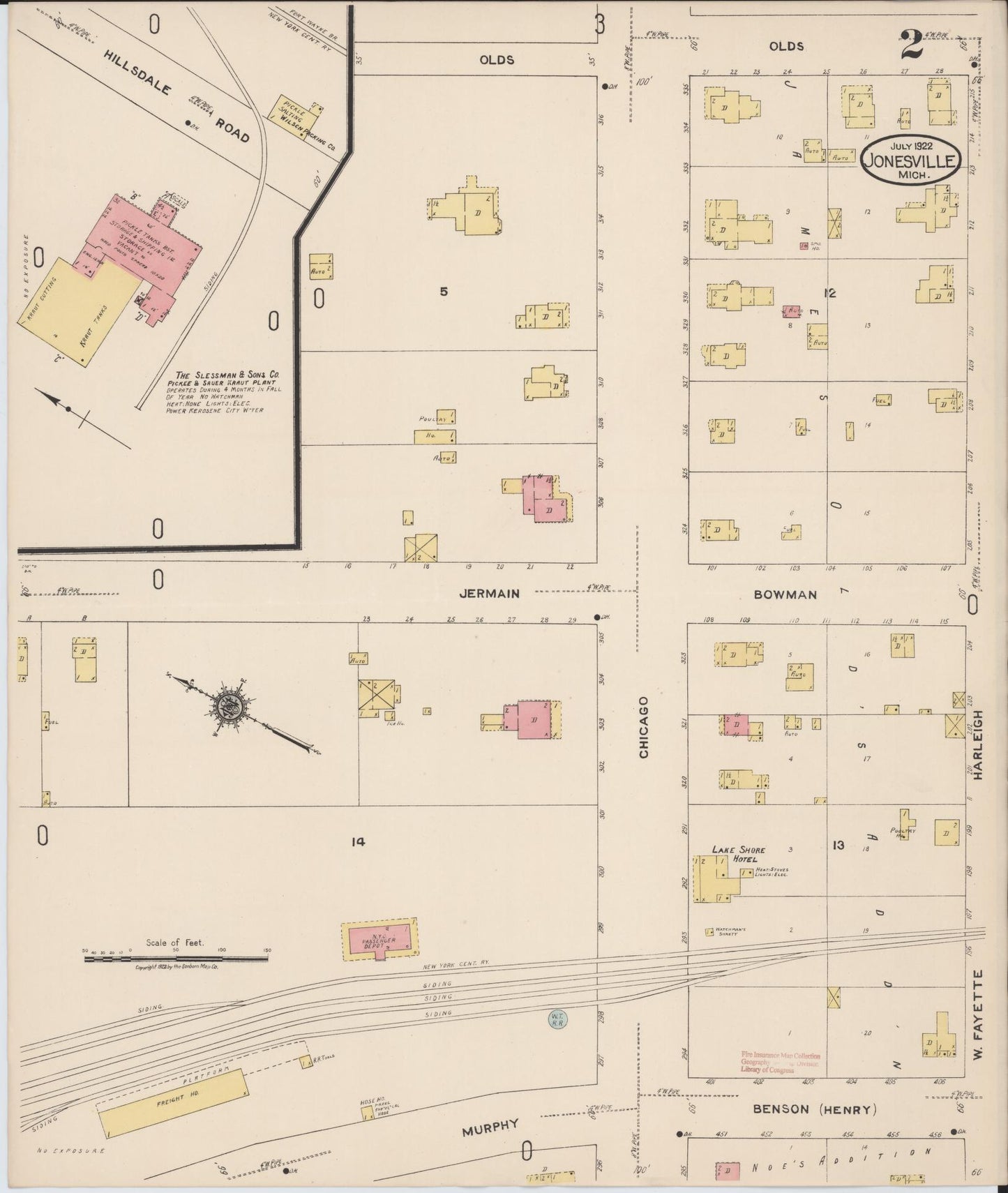 Sanborn Fire Insurance Map from Jonesville, Hillsdale County, Michigan (1922), Sheet #0002 - Complete Map Set gallery image, historic Sanborn map, vintage wall art, Michigan Michigan