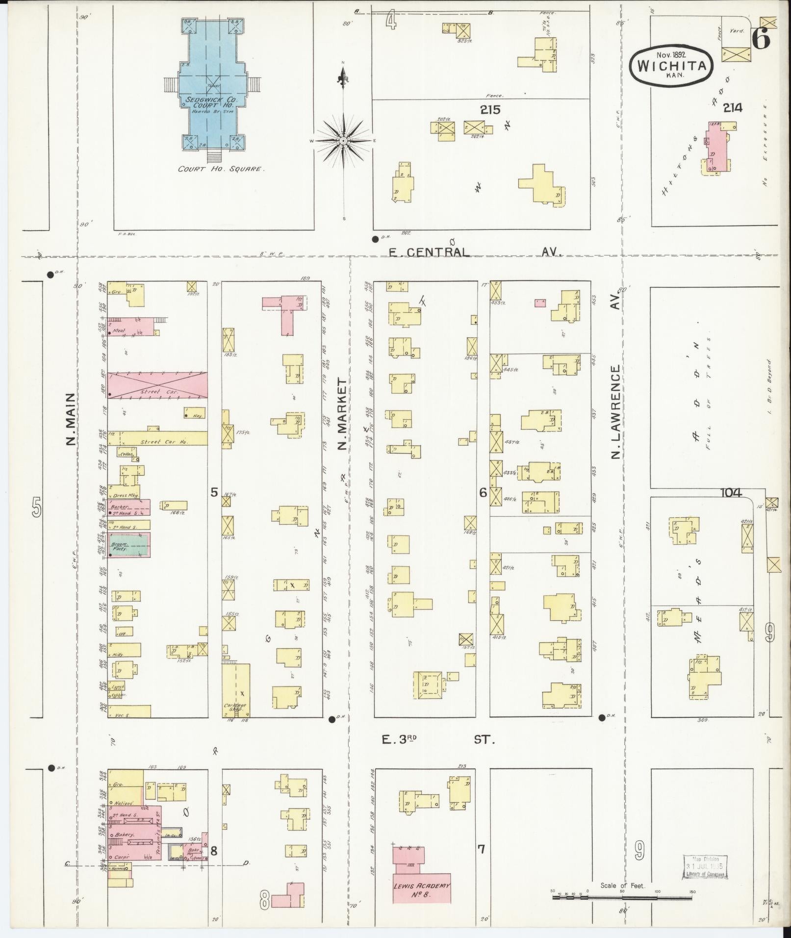 Sanborn Fire Insurance Map from Wichita, Sedgwick County, Kansas (1892), Sheet #0006 - Complete Map Set gallery image, historic Sanborn map, vintage wall art, Kansas Kansas