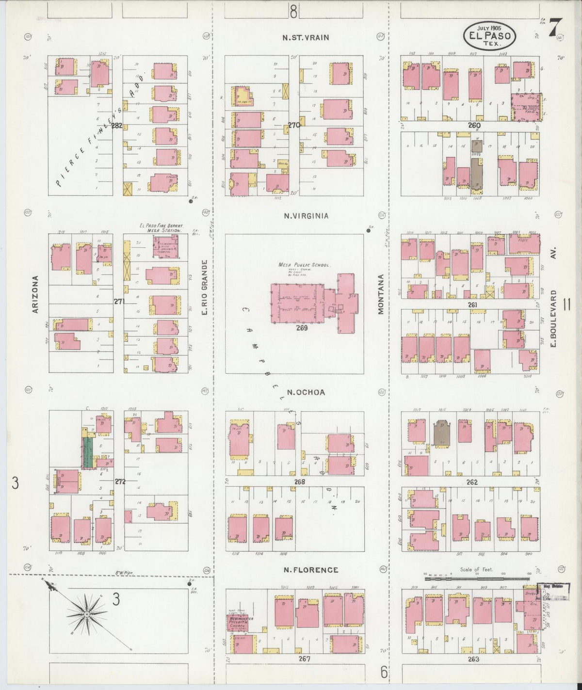 Sanborn Fire Insurance Map from El Paso, El Paso County, Texas (1905), Sheet #0007 - Historic Sanborn Fire Insurance Map Print, vintage old map wall art, antique decor, genealogy gift, Texas Texas map