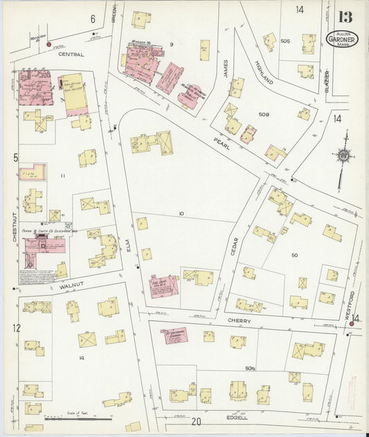 Sanborn Fire Insurance Map from Gardner, Worcester County, Massachusetts (1914), Sheet #0013 - Historic Sanborn Fire Insurance Map Print, vintage old map wall art, antique decor, genealogy gift, Massachusetts Massachusetts map