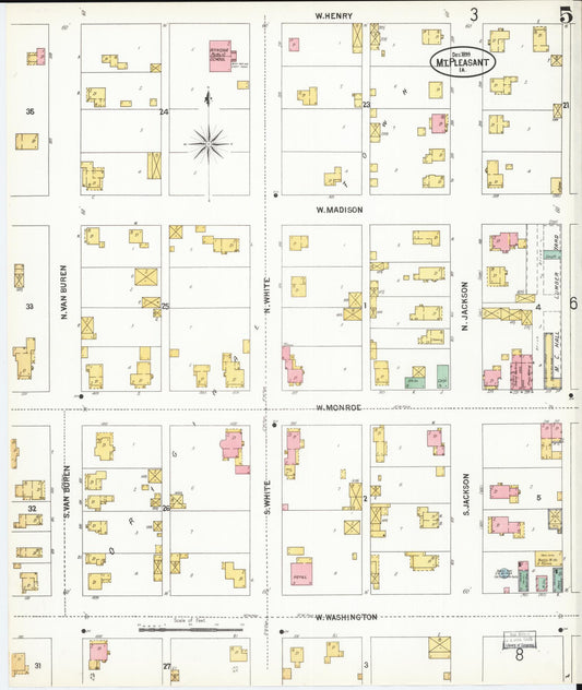 Sanborn Fire Insurance Map from Mount Pleasant, Henry County, Iowa (1899), Sheet #0005 - Historic Sanborn Fire Insurance Map Print, vintage old map wall art