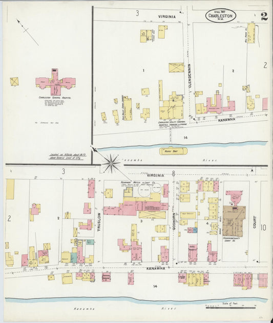 Sanborn Fire Insurance Map from Charleston, Kanawha County, West Virginia (1907), Sheet #0002 - Historic Sanborn Fire Insurance Map Print, vintage old map wall art, antique decor, genealogy gift, West Virginia West Virginia map