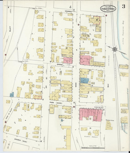 Sanborn Fire Insurance Map from Harbor Springs, Emmet County, Michigan (1912), Sheet #0003 - Historic Sanborn Fire Insurance Map Print, vintage old map wall art, antique decor, genealogy gift, Michigan Michigan map