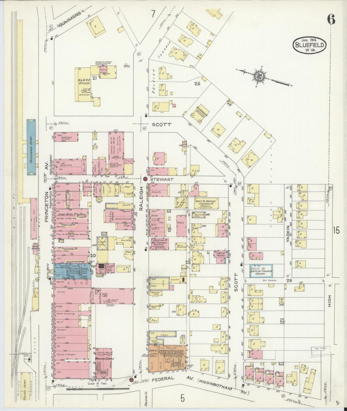 Sanborn Fire Insurance Map from Bluefield, Mercer County, West Virginia (1914), Sheet #0006 - Historic Sanborn Fire Insurance Map Print, vintage old map wall art, antique decor, genealogy gift, West Virginia West Virginia map