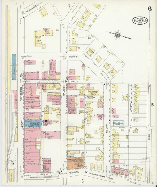 Sanborn Fire Insurance Map from Bluefield, Mercer County, West Virginia (1914), Sheet #0006 - Historic Sanborn Fire Insurance Map Print, vintage old map wall art, antique decor, genealogy gift, West Virginia West Virginia map