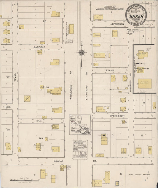 Sanborn Fire Insurance Map from Baker, East Baton Rouge Parish, Louisiana (1922), Sheet #0001 - Historic Sanborn Fire Insurance Map Print, vintage old map wall art, antique decor, genealogy gift, Louisiana Louisiana map