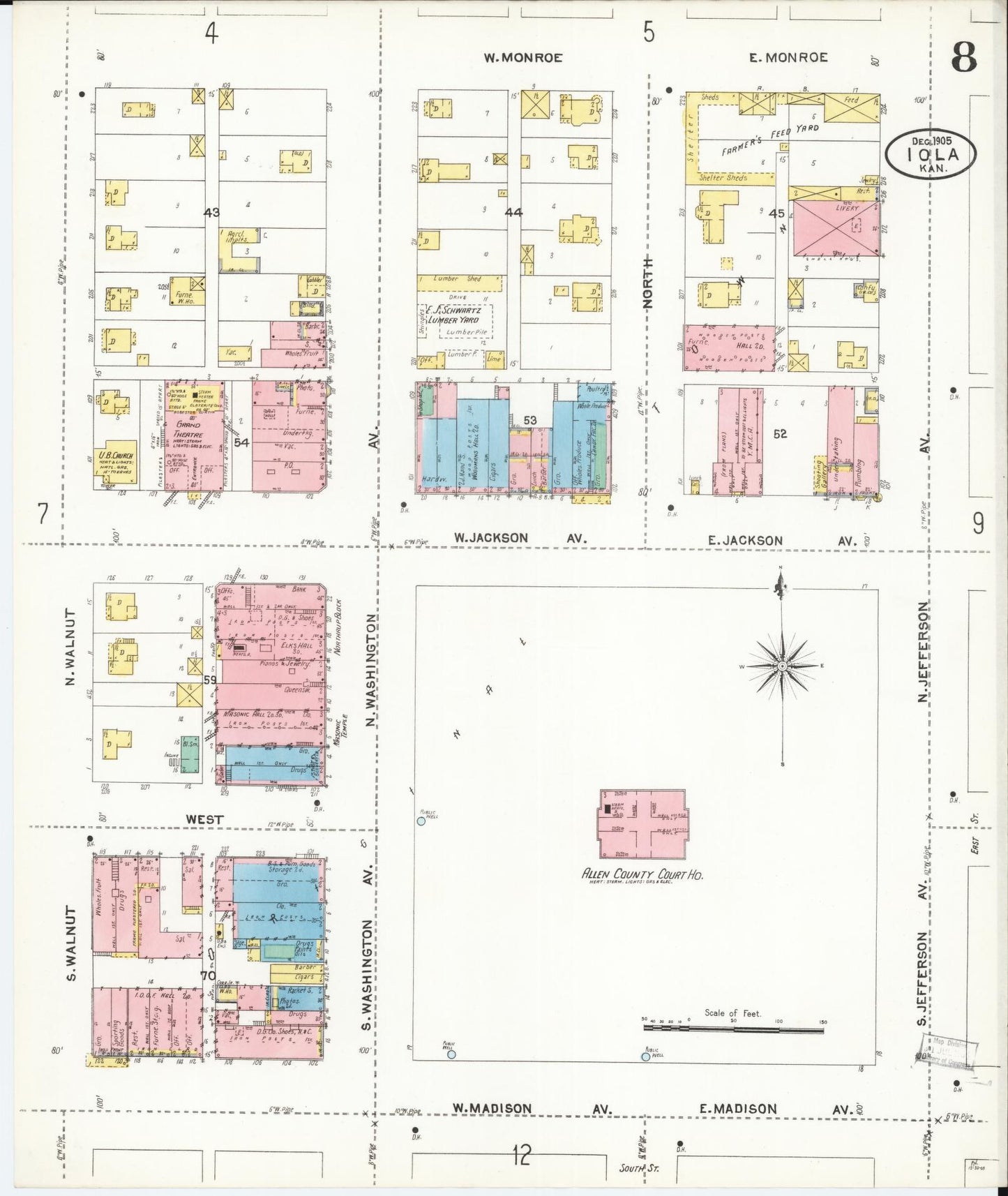 Sanborn Fire Insurance Map from Iola, Allen County, Kansas (1905), Sheet #0008 - Historic Sanborn Fire Insurance Map Print, vintage old map wall art, antique decor, genealogy gift, Kansas Kansas map