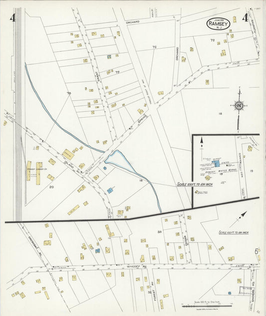 Sanborn Fire Insurance Map from Ramsey, Bergen County, New Jersey (1924), Sheet #0004 - Historic Sanborn Fire Insurance Map Print, vintage old map wall art, antique decor, genealogy gift, New Jersey New Jersey map