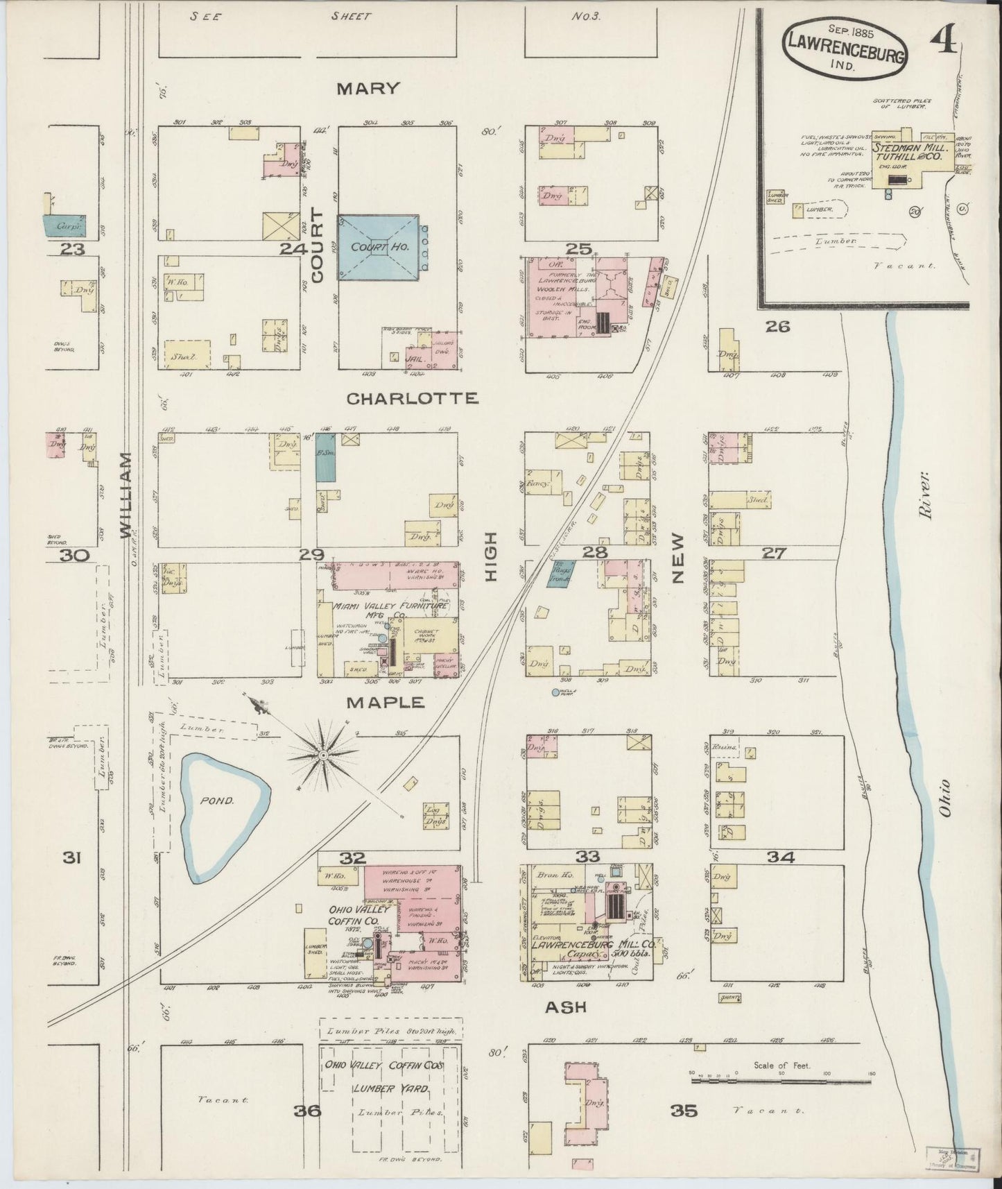 Sanborn Fire Insurance Map from Lawrenceburg, Dearborn County, Indiana (1885), Sheet #0004 - Complete Map Set gallery image, historic Sanborn map, vintage wall art, Indiana Indiana