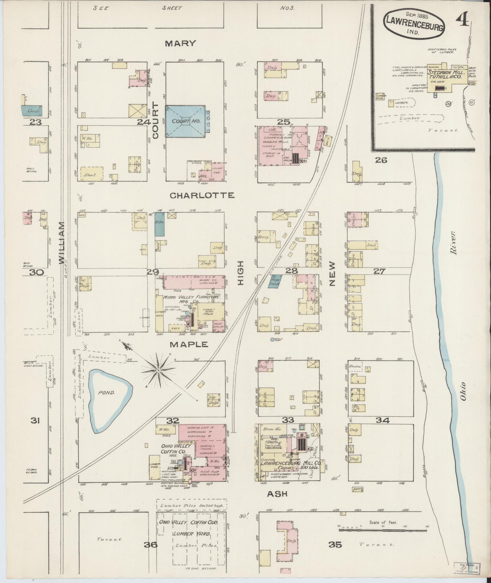 Sanborn Fire Insurance Map from Lawrenceburg, Dearborn County, Indiana (1885), Sheet #0004 - Complete Map Set gallery image, historic Sanborn map, vintage wall art, Indiana Indiana