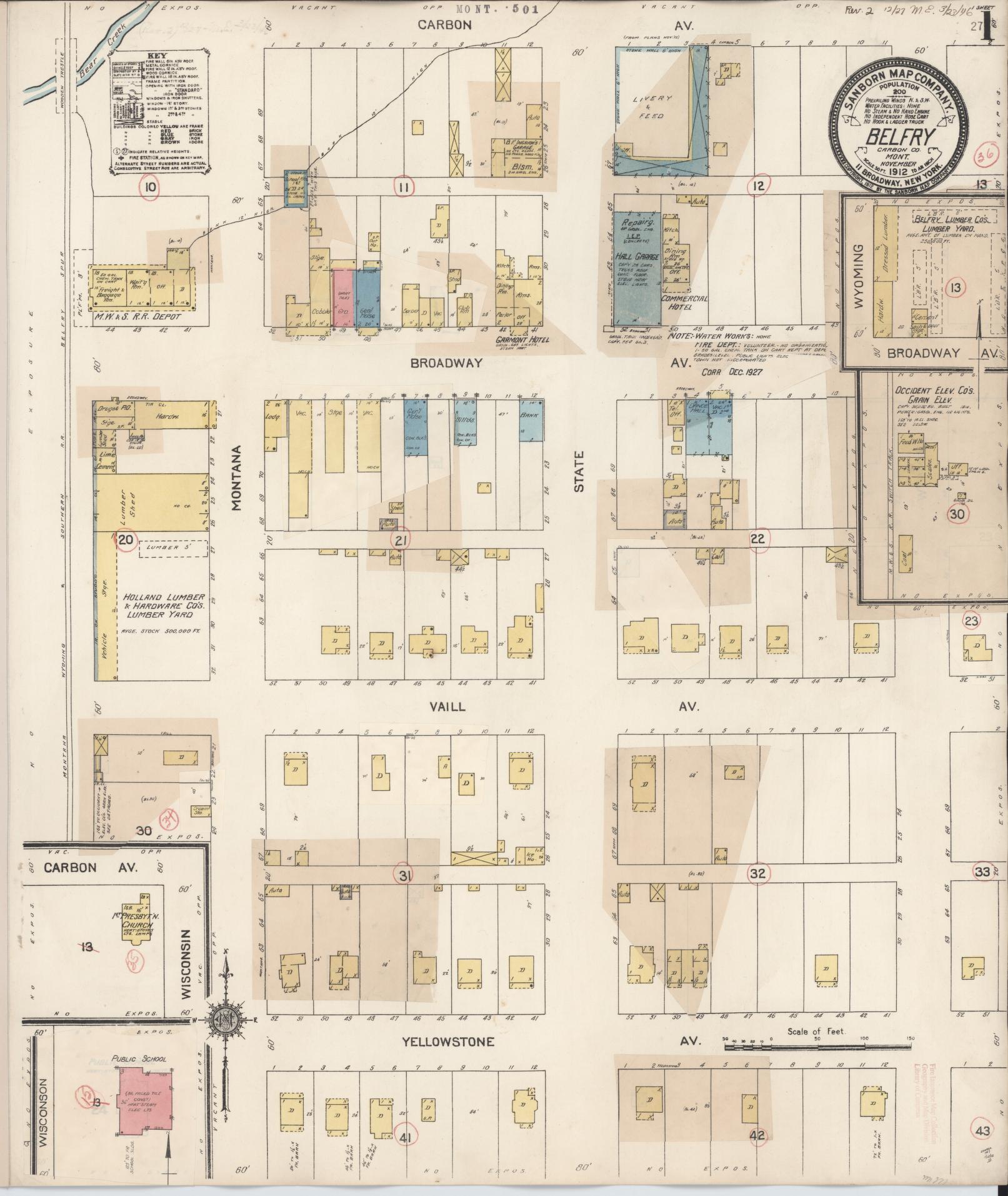 Sanborn Fire Insurance Map from Belfry, Carbon County, Montana (1927), Sheet #0001 - Historic Sanborn Fire Insurance Map Print, vintage old map wall art, antique decor, genealogy gift, Montana Montana map