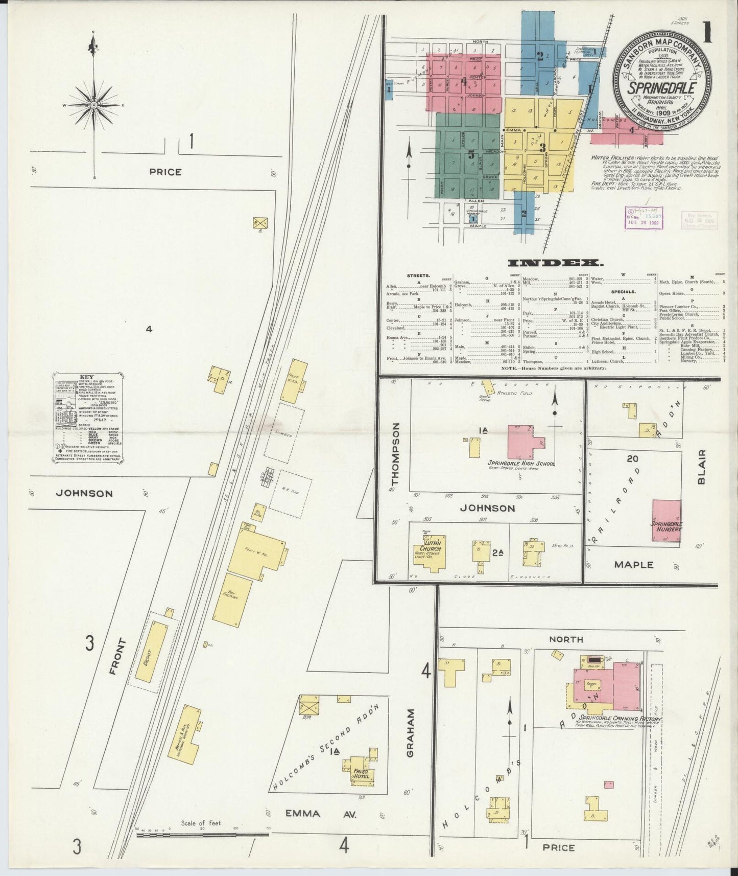 Sanborn Fire Insurance Map from Springdale, Washington County, Arkansas (1909), Sheet #0001 - Complete Map Set gallery image, historic Sanborn map, vintage wall art, Arkansas Arkansas