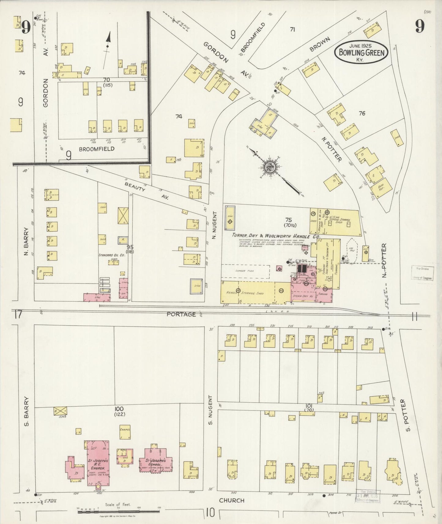 Sanborn Fire Insurance Map from Bowling Green, Warren County, Kentucky (1925), Sheet #0009 - Historic Sanborn Fire Insurance Map Print, vintage old map wall art, antique decor, genealogy gift, Kentucky Kentucky map