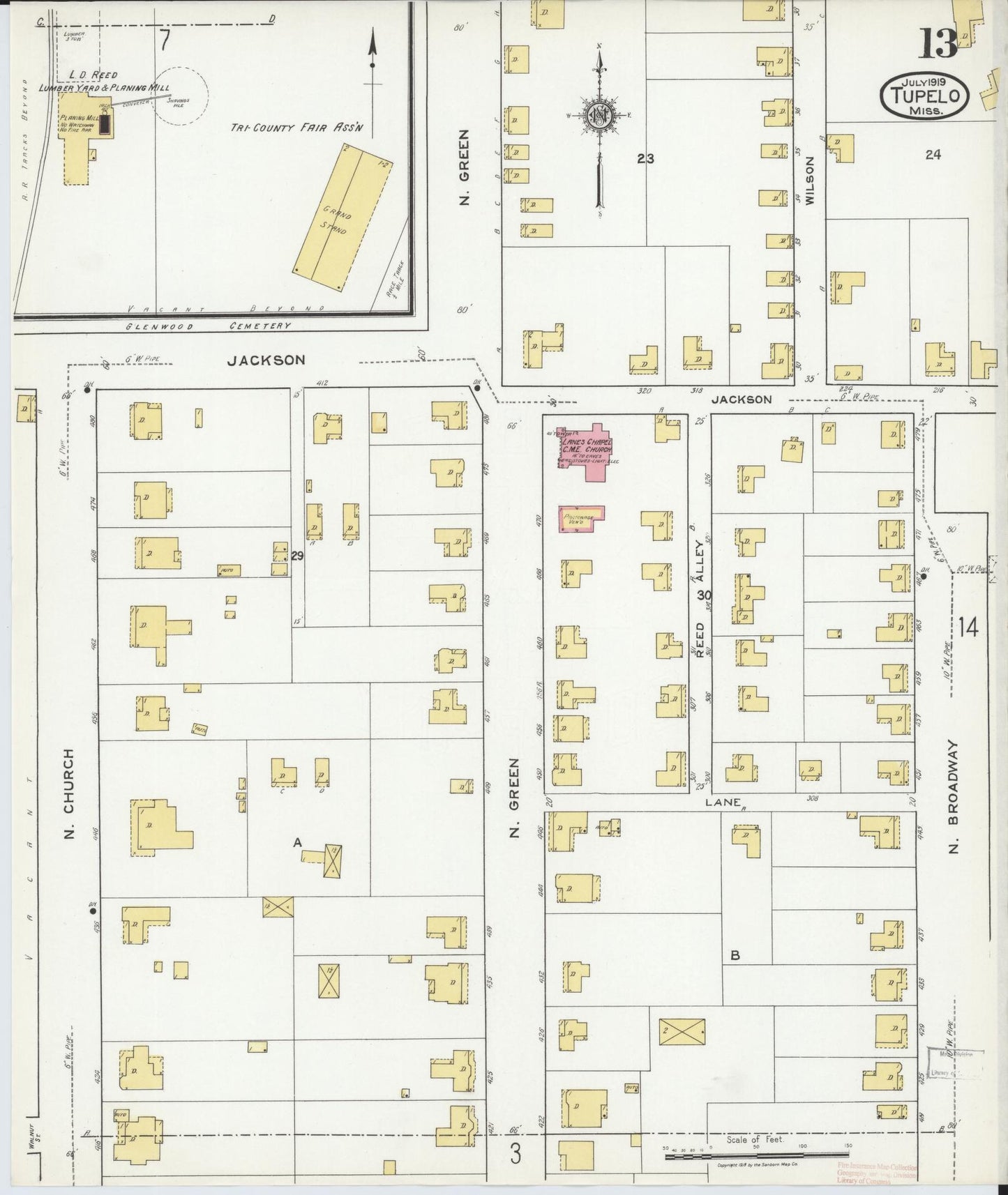 Sanborn Fire Insurance Map from Tupelo, Lee County, Mississippi (1919), Sheet #0013 - Complete Map Set gallery image, historic Sanborn map, vintage wall art, Mississippi Mississippi