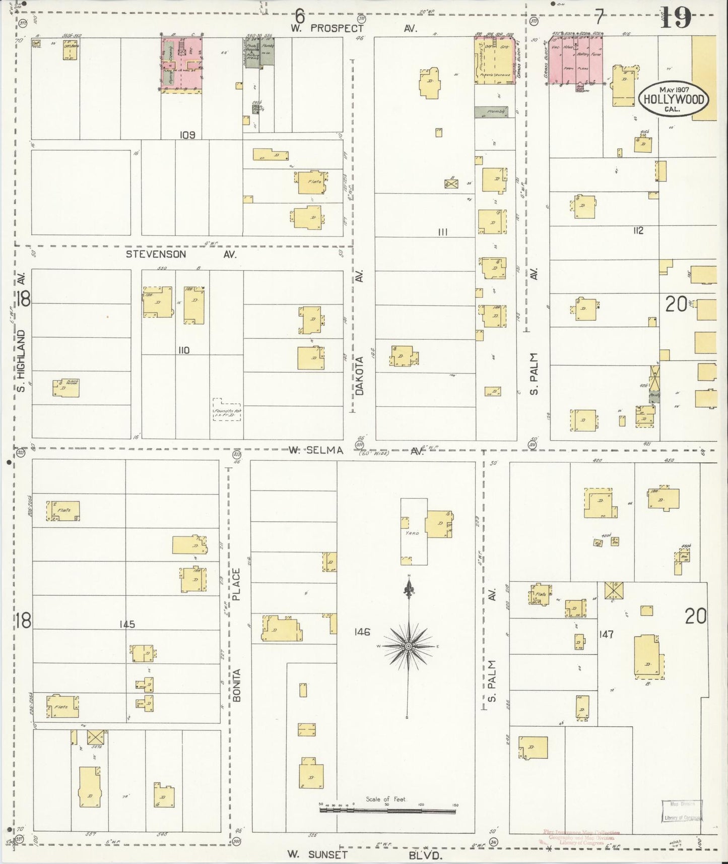 Sanborn Fire Insurance Map from Hollywood, Los Angeles County, California (1907), Sheet #0019 - Complete Map Set gallery image, historic Sanborn map, vintage wall art, California California