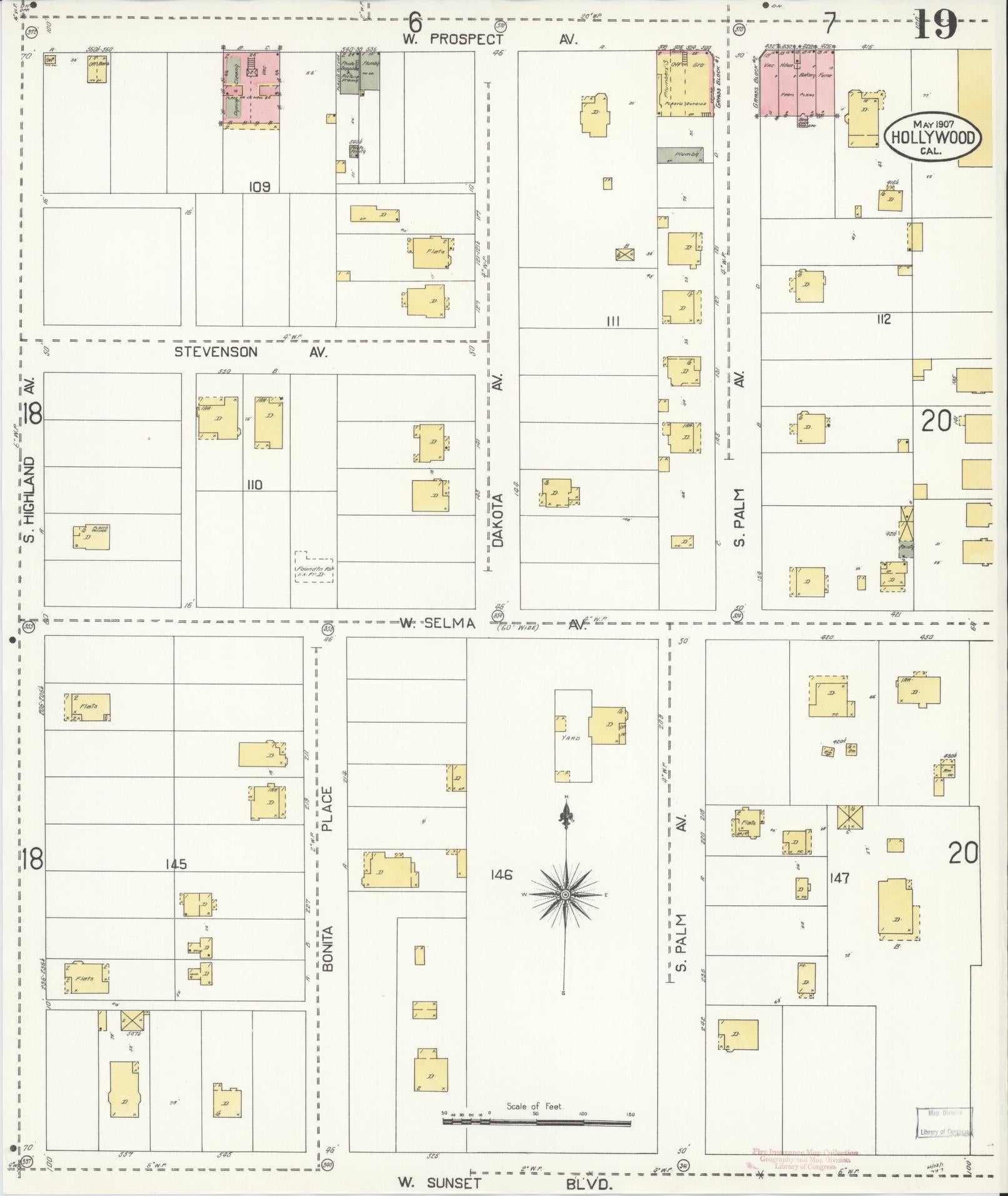 Sanborn Fire Insurance Map from Hollywood, Los Angeles County, California (1907), Sheet #0019 - Complete Map Set gallery image, historic Sanborn map, vintage wall art, California California