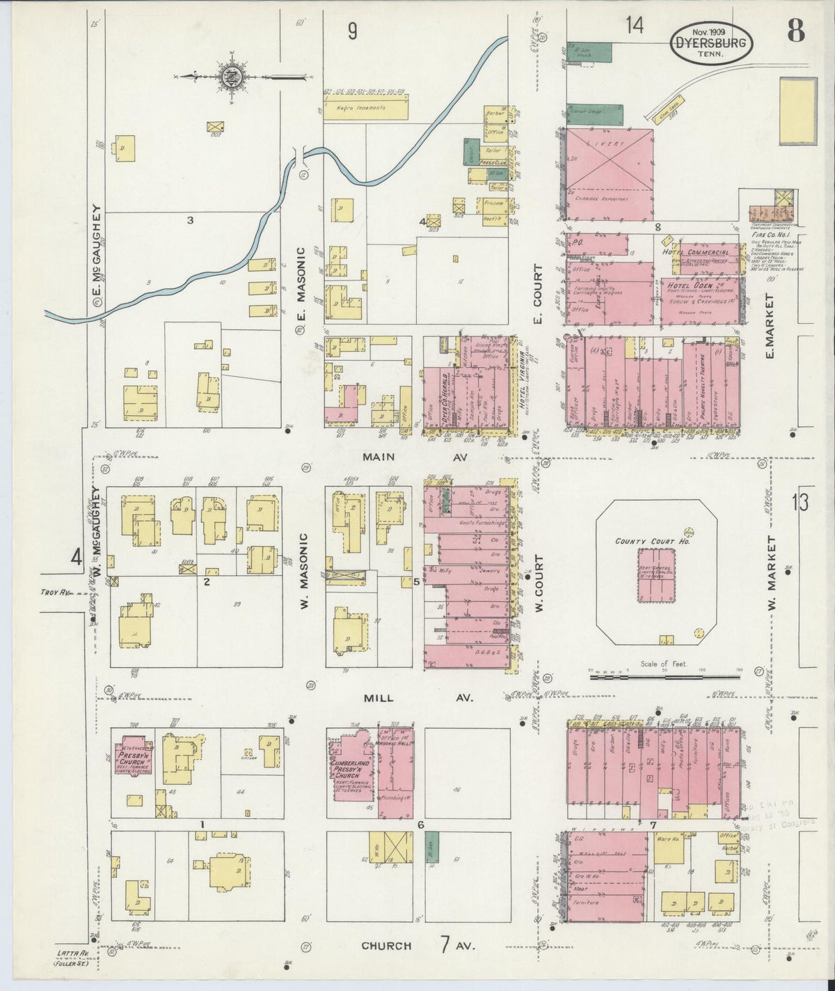 Sanborn Fire Insurance Map from Dyersburg, Dyer County, Tennessee (1909), Sheet #0008 - Historic Sanborn Fire Insurance Map Print, vintage old map wall art, antique decor, genealogy gift, Tennessee Tennessee map