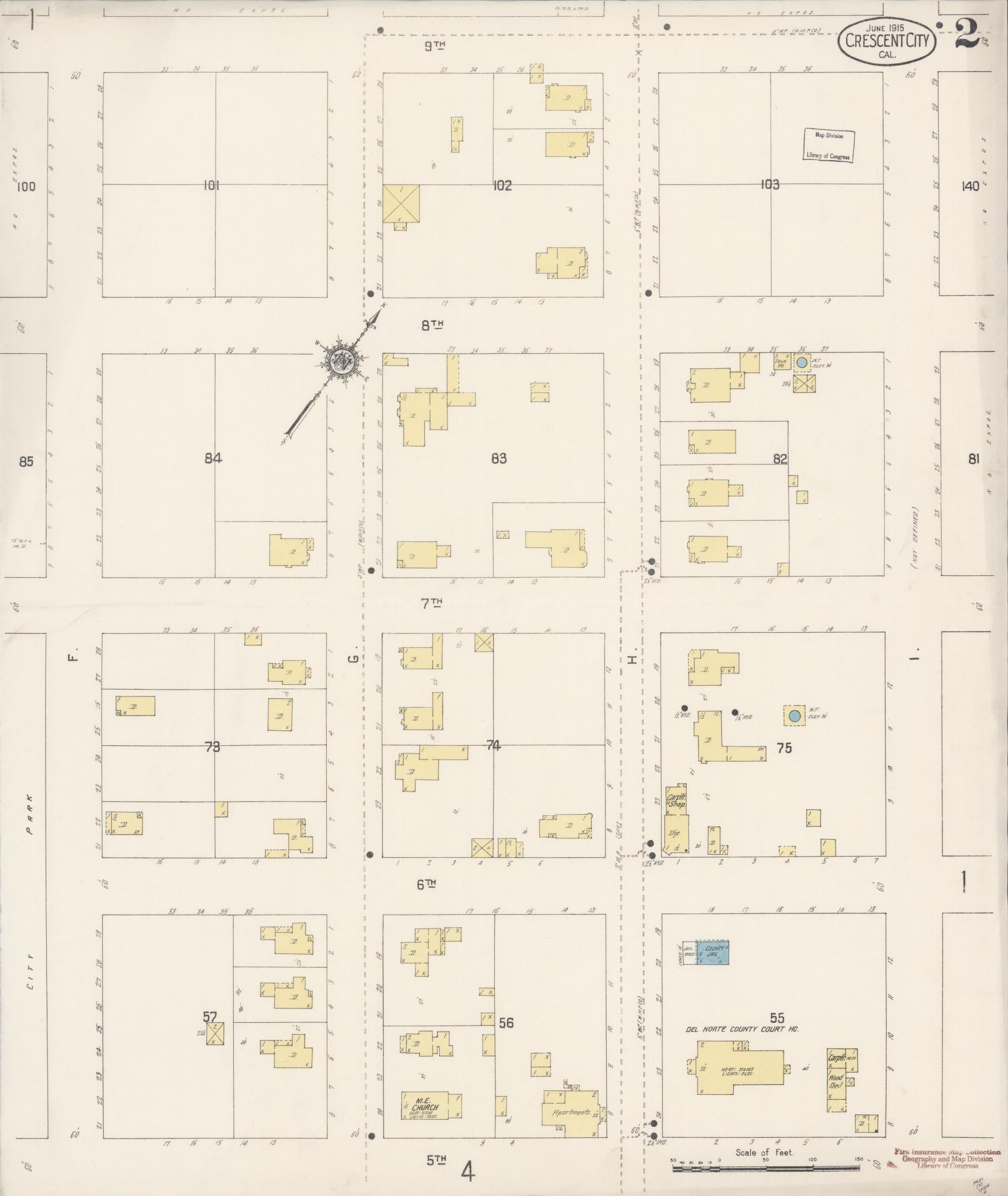 Sanborn Fire Insurance Map from Crescent City, Del Norte County, California (1915), Sheet #0002 - Complete Map Set gallery image, historic Sanborn map, vintage wall art, California California