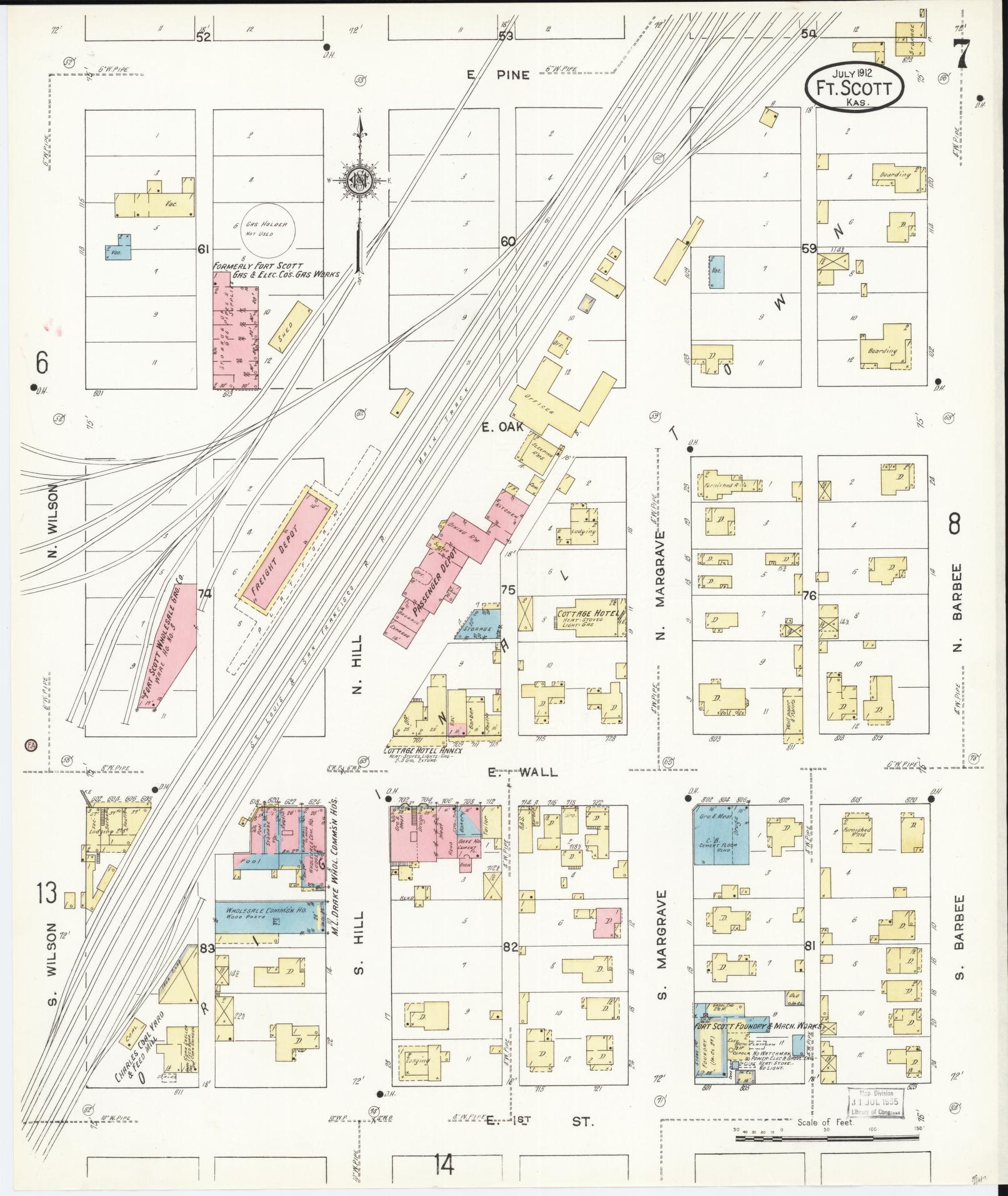 Sanborn Fire Insurance Map from Fort Scott, Bourbon County, Kansas (1912), Sheet #0007 - Historic Sanborn Fire Insurance Map Print, vintage old map wall art, antique decor, genealogy gift, Kansas Kansas map
