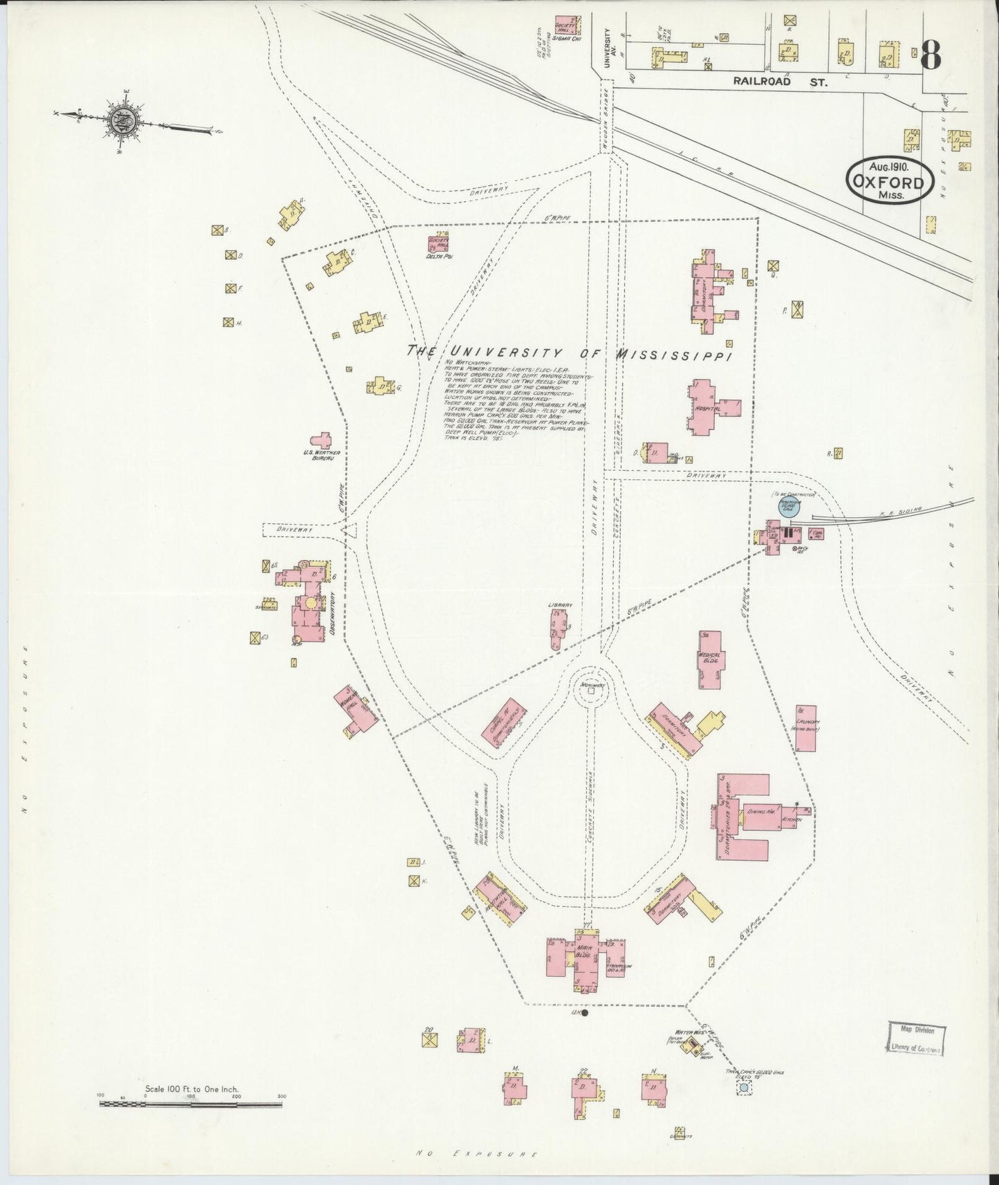 Sanborn Fire Insurance Map from Oxford, Lafayette County, Mississippi (1910), Sheet #0008 - Complete Map Set gallery image, historic Sanborn map, vintage wall art, Mississippi Mississippi