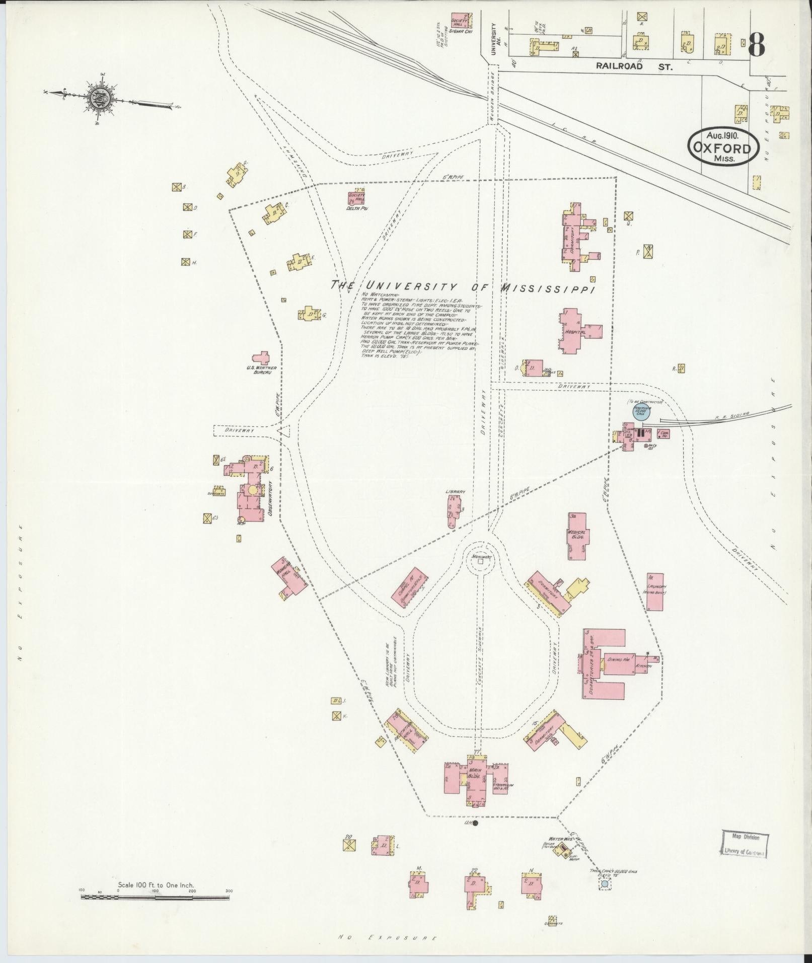 Sanborn Fire Insurance Map from Oxford, Lafayette County, Mississippi (1910), Sheet #0008 - Complete Map Set gallery image, historic Sanborn map, vintage wall art, Mississippi Mississippi