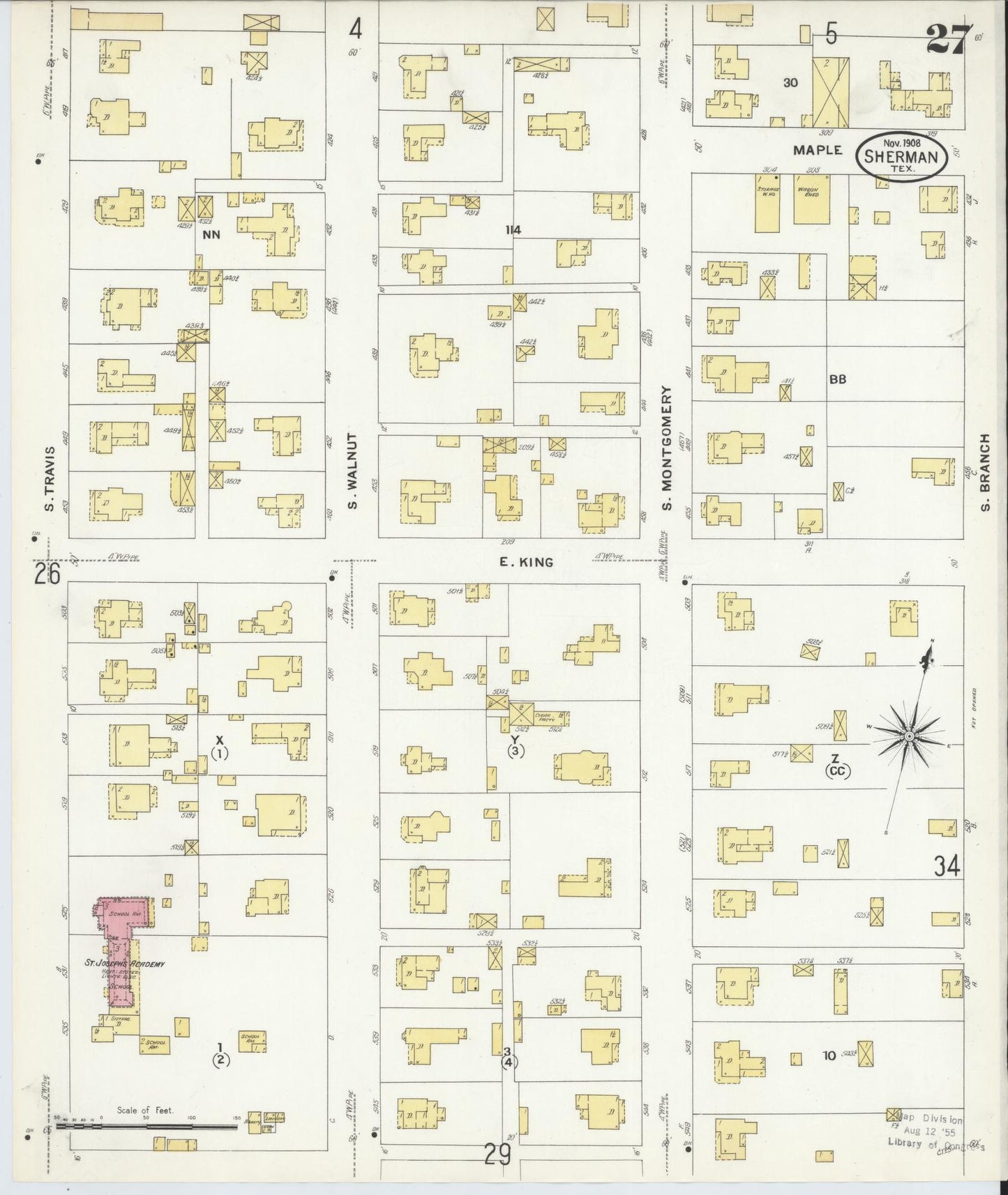 Sanborn Fire Insurance Map from Sherman, Grayson County, Texas (1908), Sheet #0027 - Historic Sanborn Fire Insurance Map Print, vintage old map wall art, antique decor, genealogy gift, Texas Texas map