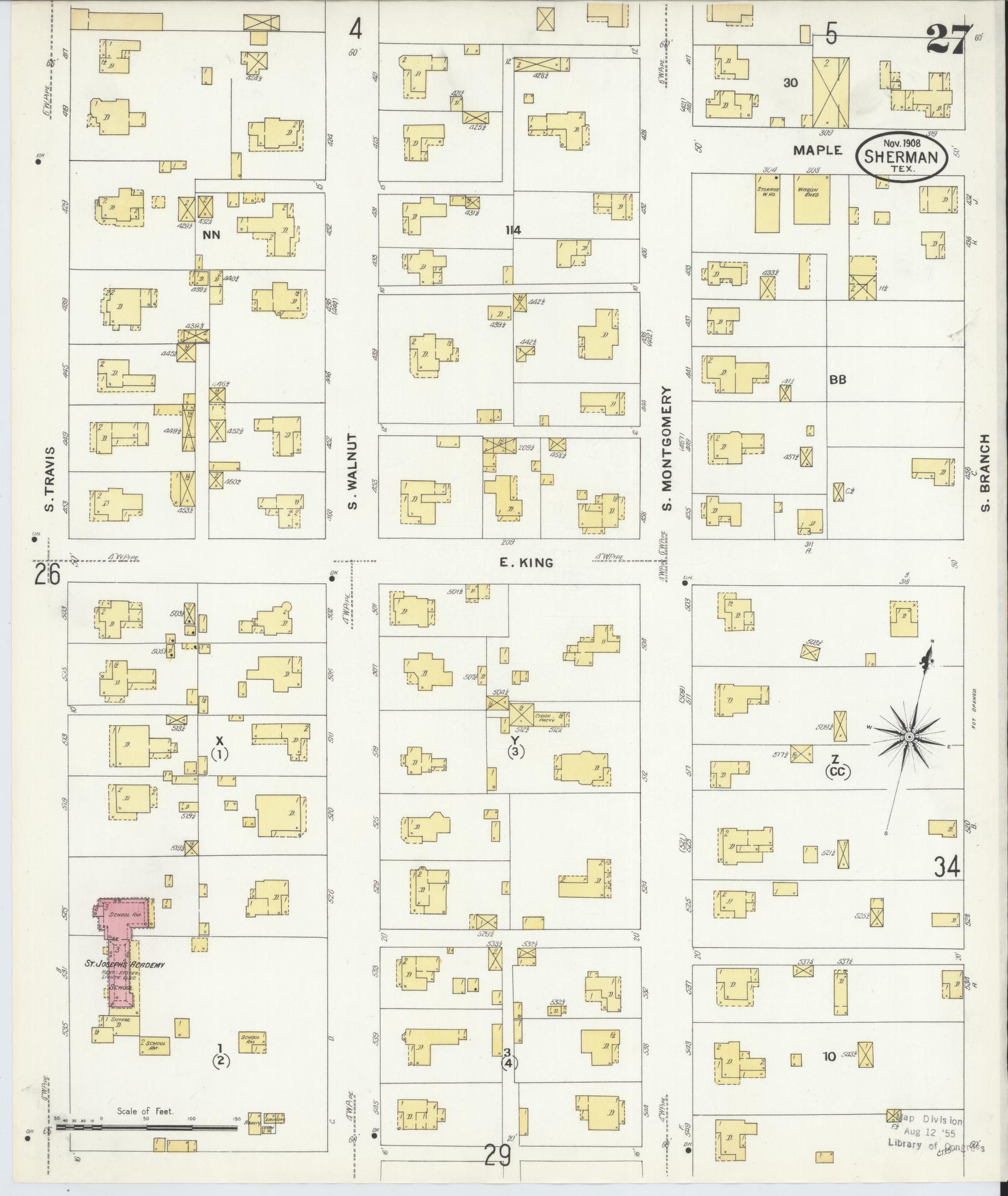 Sanborn Fire Insurance Map from Sherman, Grayson County, Texas (1908), Sheet #0027 - Historic Sanborn Fire Insurance Map Print, vintage old map wall art, antique decor, genealogy gift, Texas Texas map