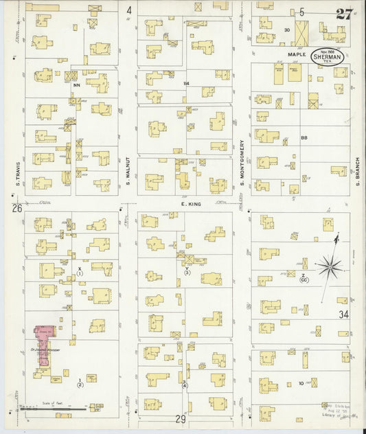 Sanborn Fire Insurance Map from Sherman, Grayson County, Texas (1908), Sheet #0027 - Historic Sanborn Fire Insurance Map Print, vintage old map wall art, antique decor, genealogy gift, Texas Texas map